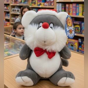 King Plush Christmas Mouse Stuffed Animal – Gray & White Santa Hat Bow NWT